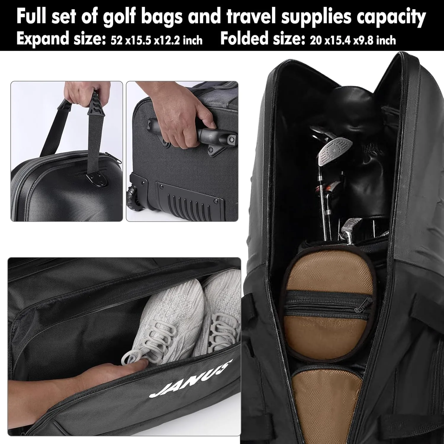 JANUS Golf Travel Bags for Airlines with Wheels, Hard Case Top and 1980D Heavy Duty Oxford Protect Golf Clubs, Lightweight and Easy to Maneuver