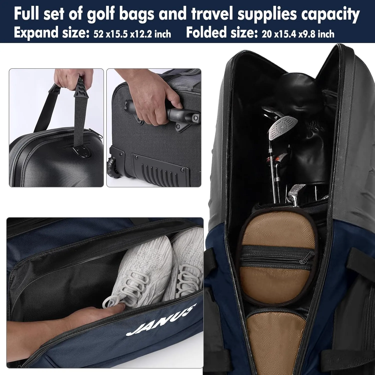 JANUS Golf Travel Bags for Airlines with Wheels, Hard Case Top and 1980D Heavy Duty Oxford Protect Golf Clubs, Lightweight and Easy to Maneuver