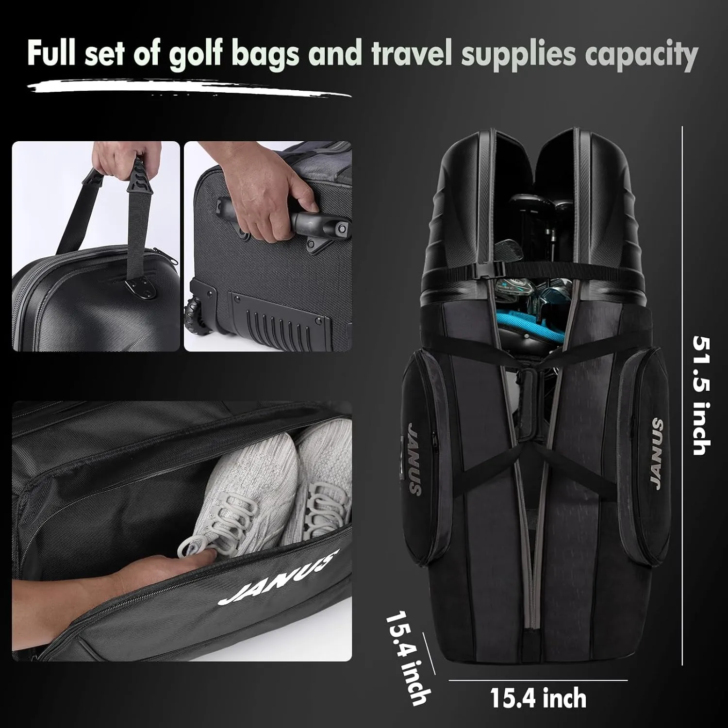 JANUS Golf Travel Bags for Airlines with Wheels, Hard Case Top and 1980D Heavy Duty Oxford Protect Golf Clubs, Lightweight and Easy to Maneuver