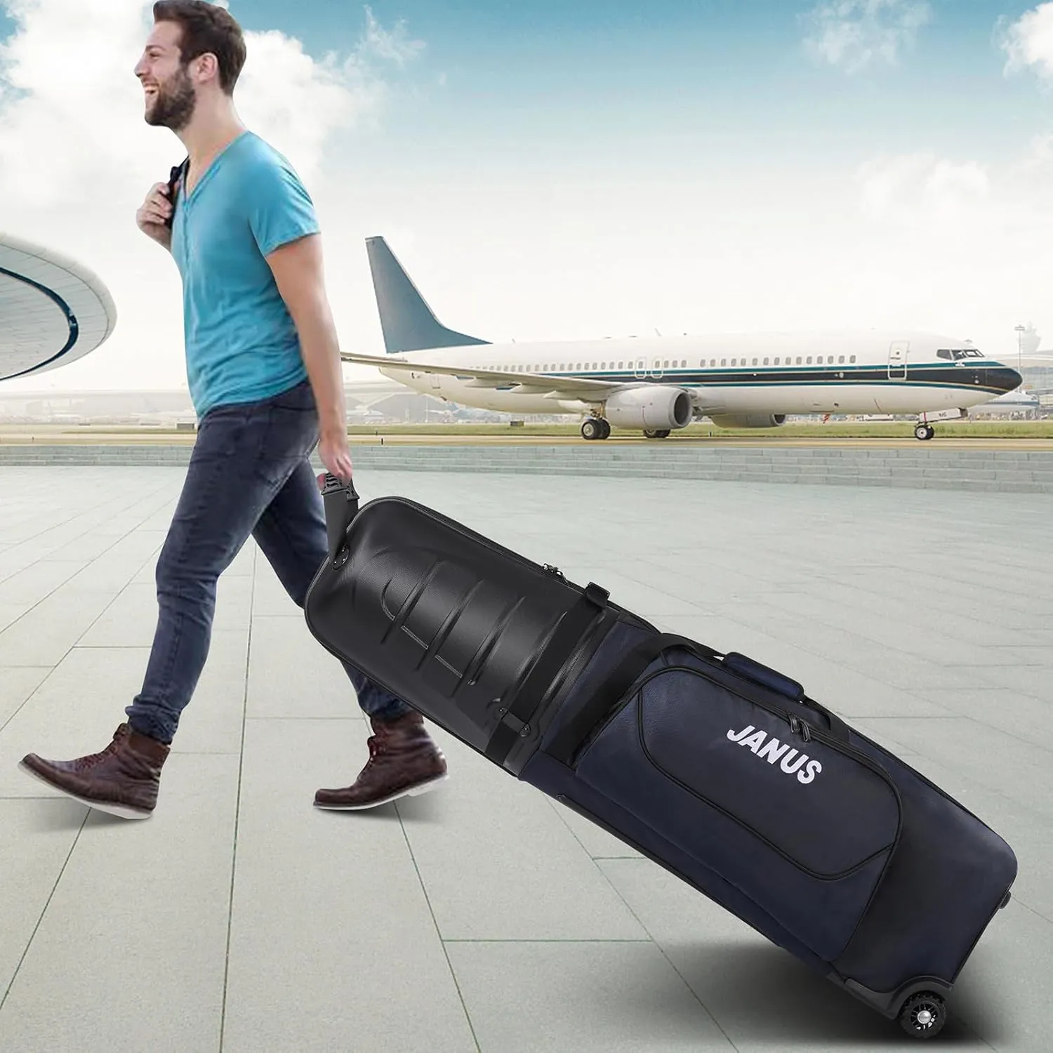 JANUS Golf Travel Bags for Airlines with Wheels, Hard Case Top and 1980D Heavy Duty Oxford Protect Golf Clubs, Lightweight and Easy to Maneuver