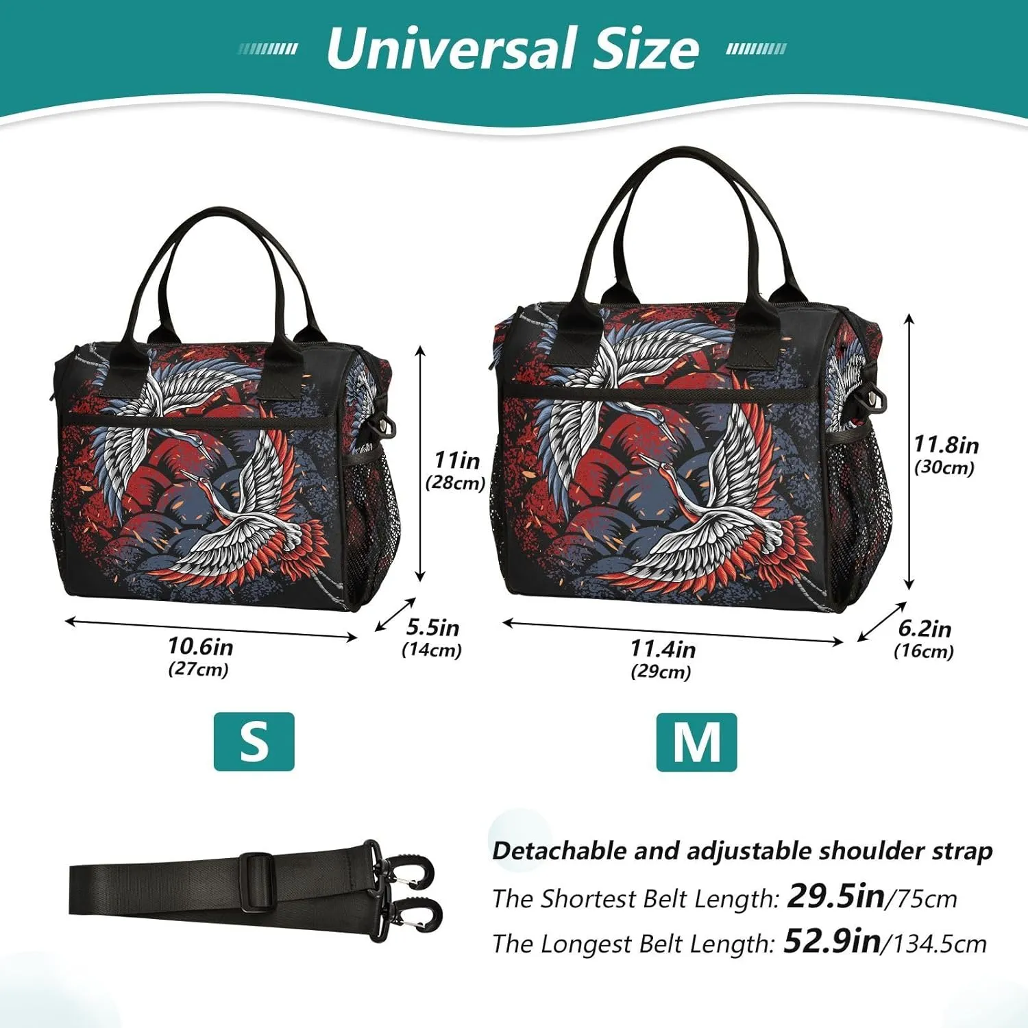 Japanese-battle-cranes-print Lunch Bag with Adjustable Shoulder Strap Insulated Cooler Bag for Women Men,M
