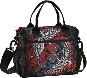 Japanese-battle-cranes-print Lunch Bag with Adjustable Shoulder Strap Insulated Cooler Bag for Women Men,M