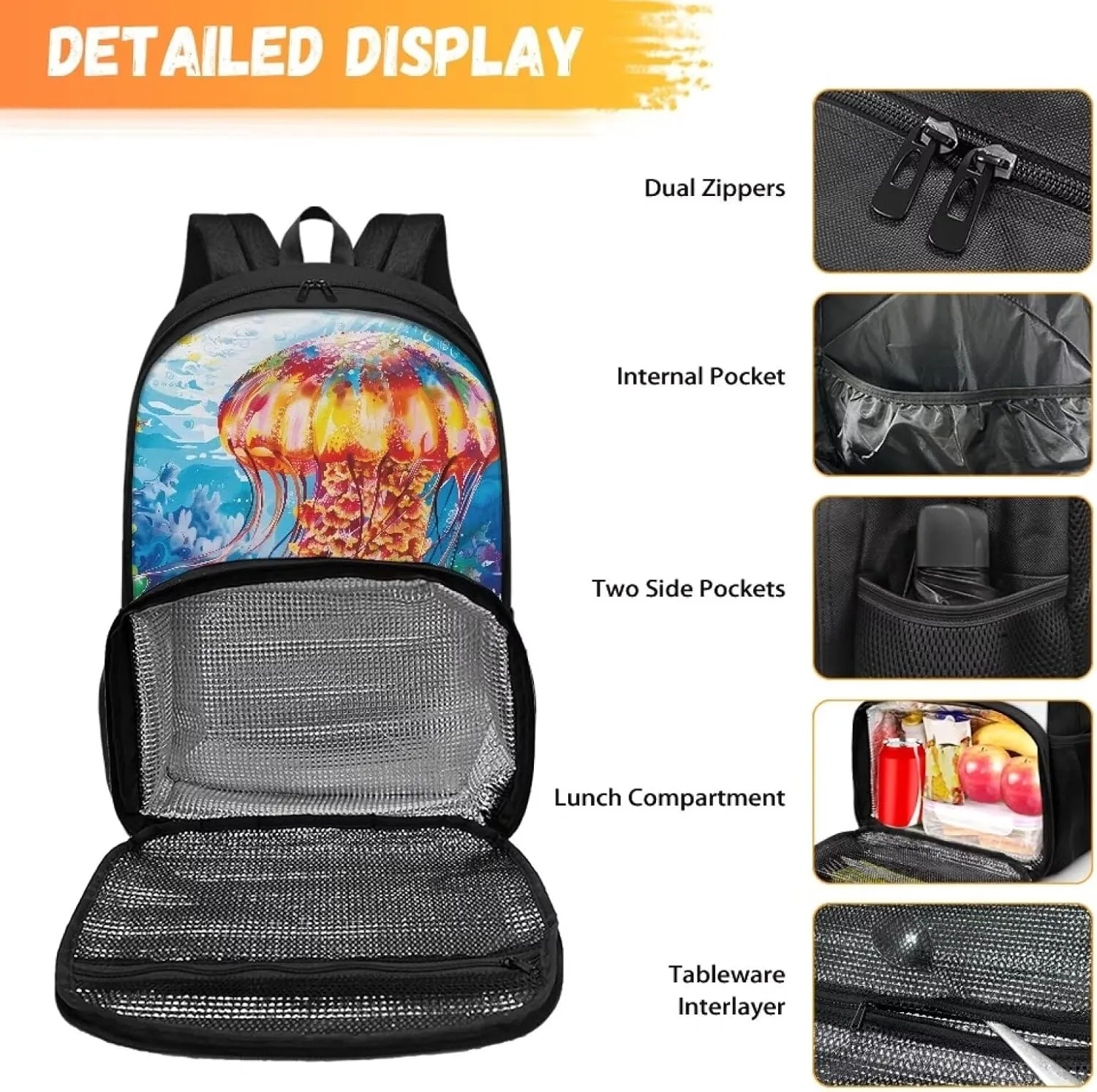 Jellyfish Travel Bag School Backpack with Meal Compartment, Portable Travel Backpack with 2 Side Pockets, Lightweight Food Backpack for Kindergarten, Primary School, Middle School