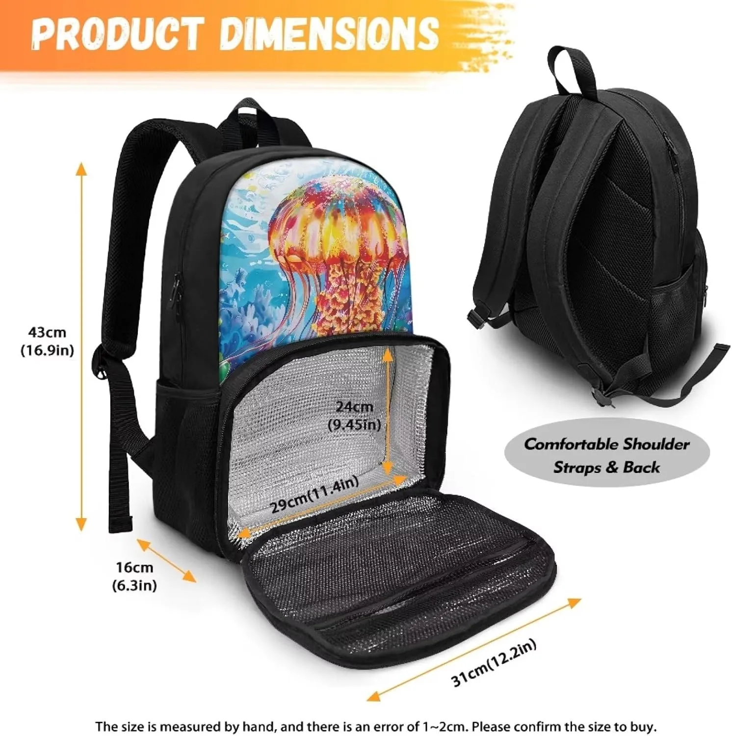 Jellyfish Travel Bag School Backpack with Meal Compartment, Portable Travel Backpack with 2 Side Pockets, Lightweight Food Backpack for Kindergarten, Primary School, Middle School