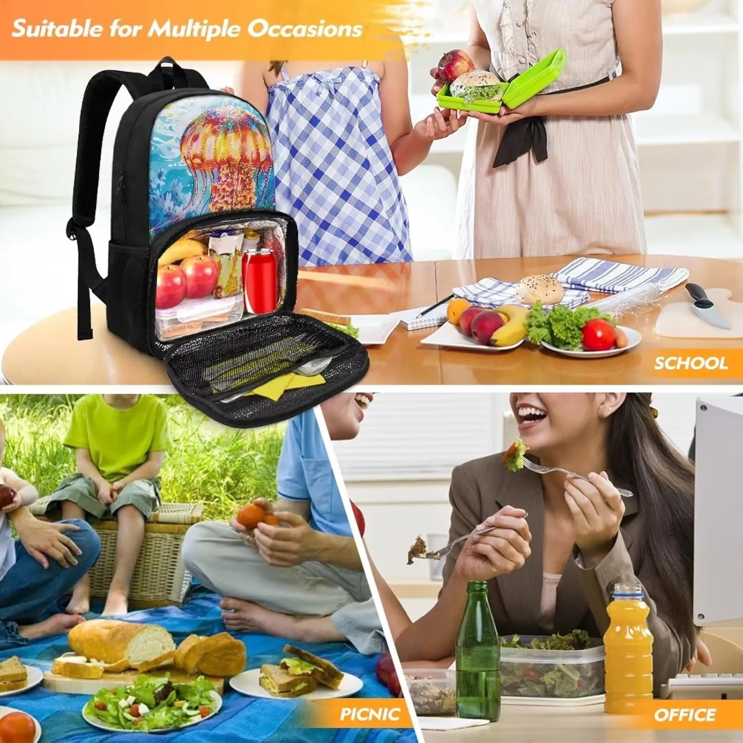 Jellyfish Travel Bag School Backpack with Meal Compartment, Portable Travel Backpack with 2 Side Pockets, Lightweight Food Backpack for Kindergarten, Primary School, Middle School