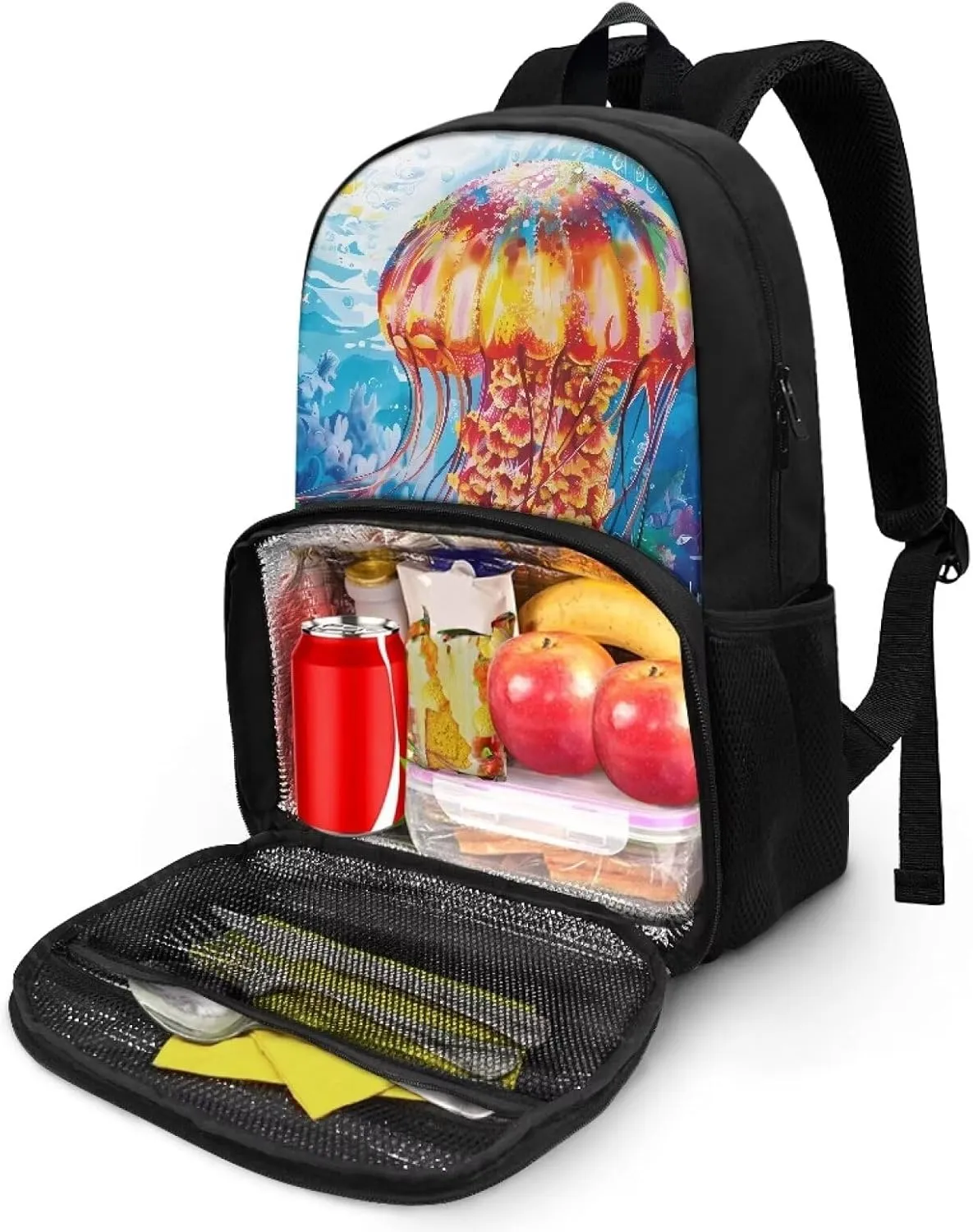 Jellyfish Travel Bag School Backpack with Meal Compartment, Portable Travel Backpack with 2 Side Pockets, Lightweight Food Backpack for Kindergarten, Primary School, Middle School