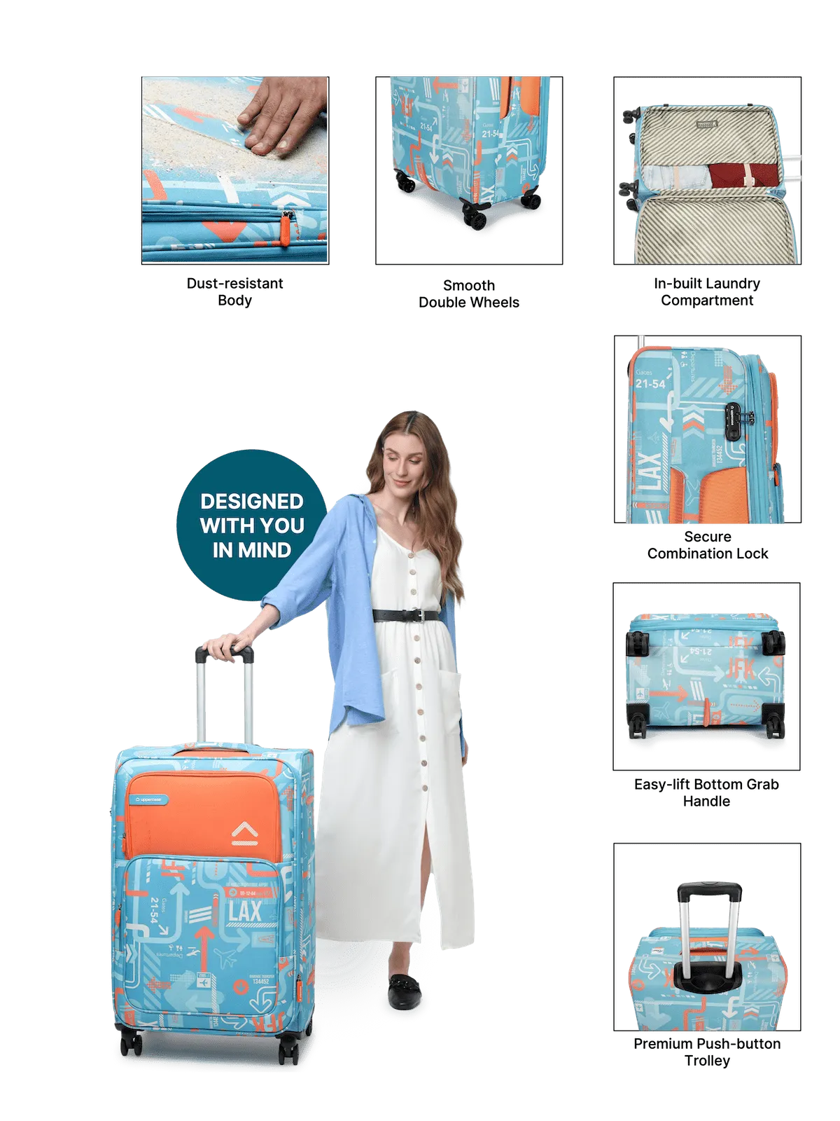 JFK Teal Blue Set of 2 (M L) Soft Trolley