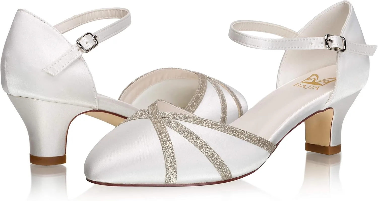 JIAJIA 00969 Women's Memory Foam Bridal Shoes Closed Toe 1.9'' Block Low Heel Lace Satin Pumps Wedding Shoes