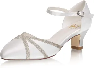 JIAJIA 00969 Women's Memory Foam Bridal Shoes Closed Toe 1.9'' Block Low Heel Lace Satin Pumps Wedding Shoes