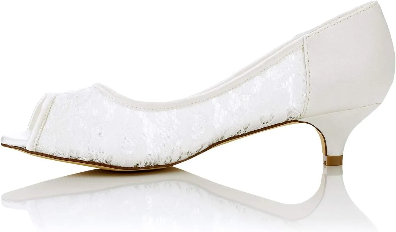JIAJIA 01131 Women's Bridal Shoes Peep Toe Low Heel Lace Satin Pumps Wedding Shoes