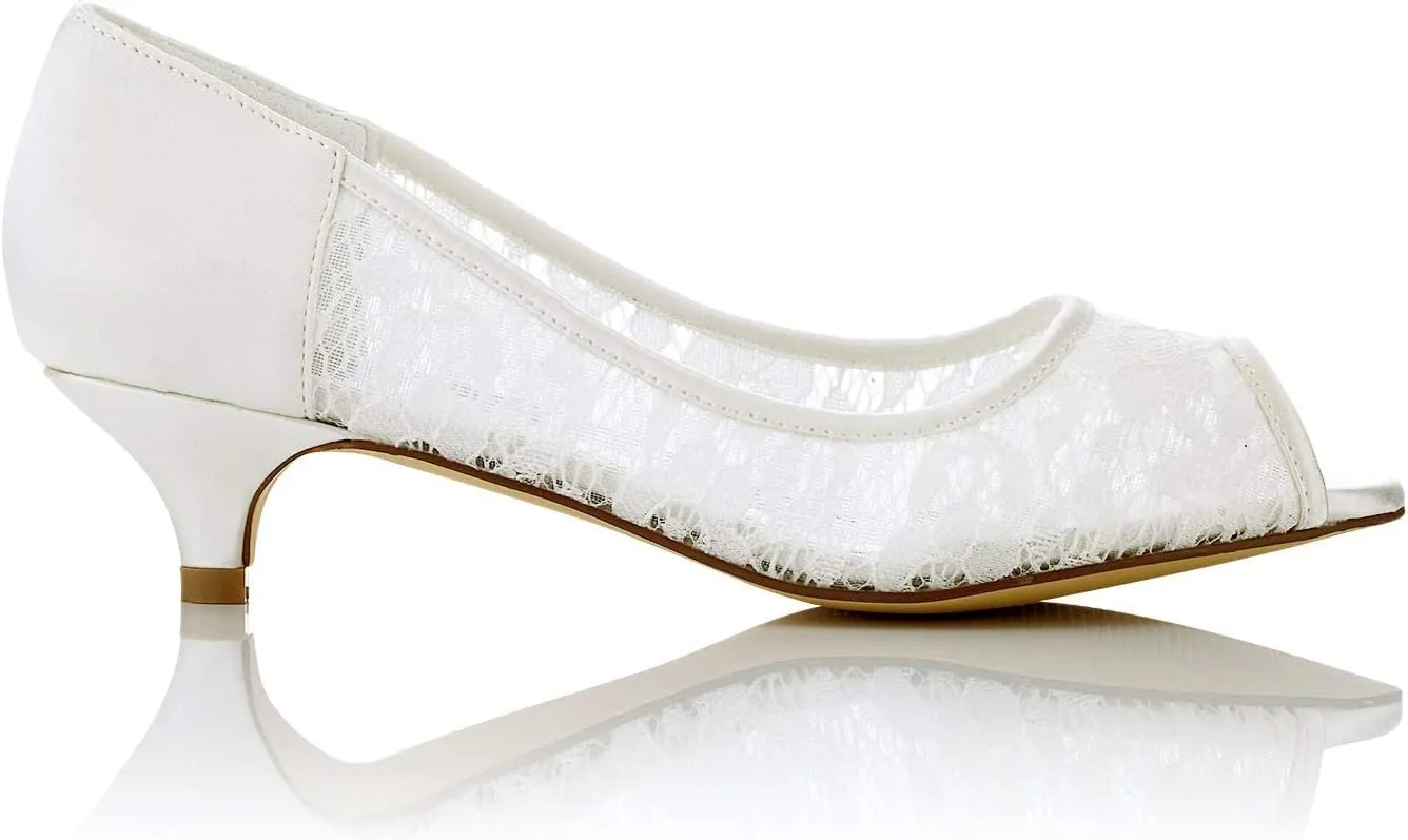 JIAJIA 01131 Women's Bridal Shoes Peep Toe Low Heel Lace Satin Pumps Wedding Shoes