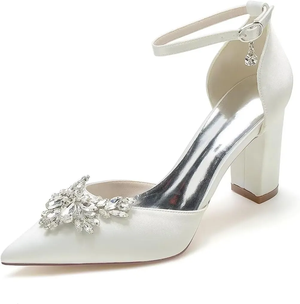 JOEupin Women's Crystal Block Heel Sandals Ankle Strap Bridal Wedding Dress Shoes High Heel Evening Pump Sandals