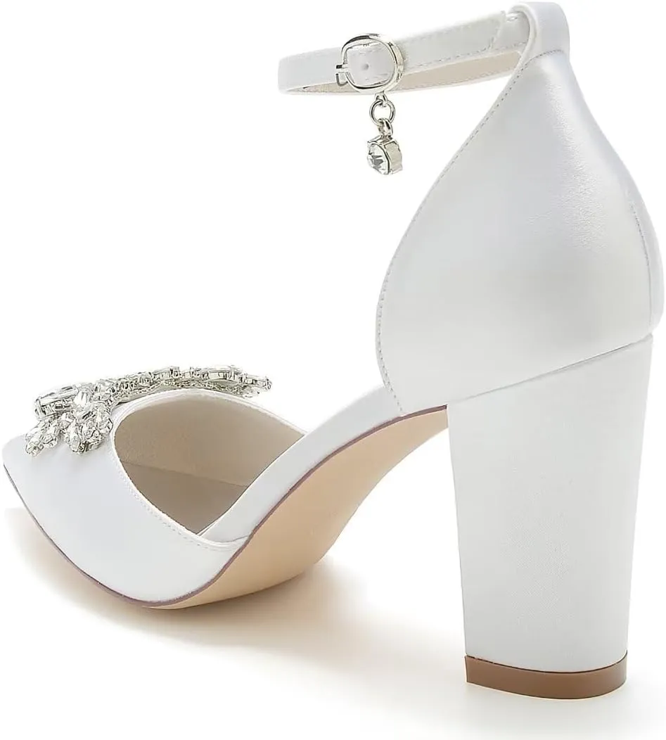 JOEupin Women's Crystal Block Heel Sandals Ankle Strap Bridal Wedding Dress Shoes High Heel Evening Pump Sandals