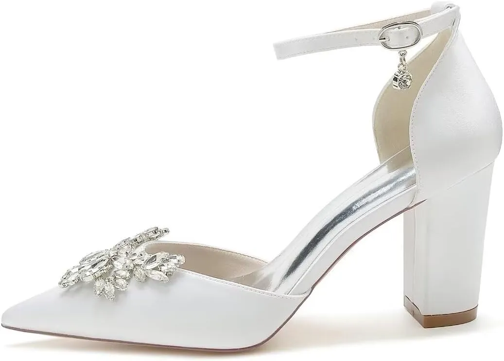 JOEupin Women's Crystal Block Heel Sandals Ankle Strap Bridal Wedding Dress Shoes High Heel Evening Pump Sandals