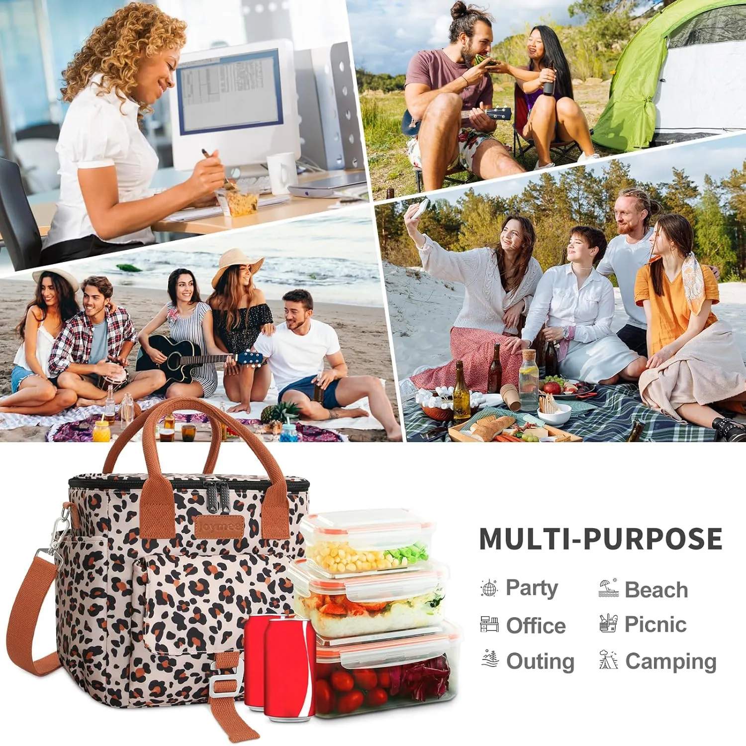 Joymee Insulated Lunch Bag for Women/Men, Waterproof Lunch Box for Office Work Picnic Beach, Reusable Large Leakproof Cooler Tote Bag with Adjustable Shoulder Strap & Side Pocket, Leopard Print