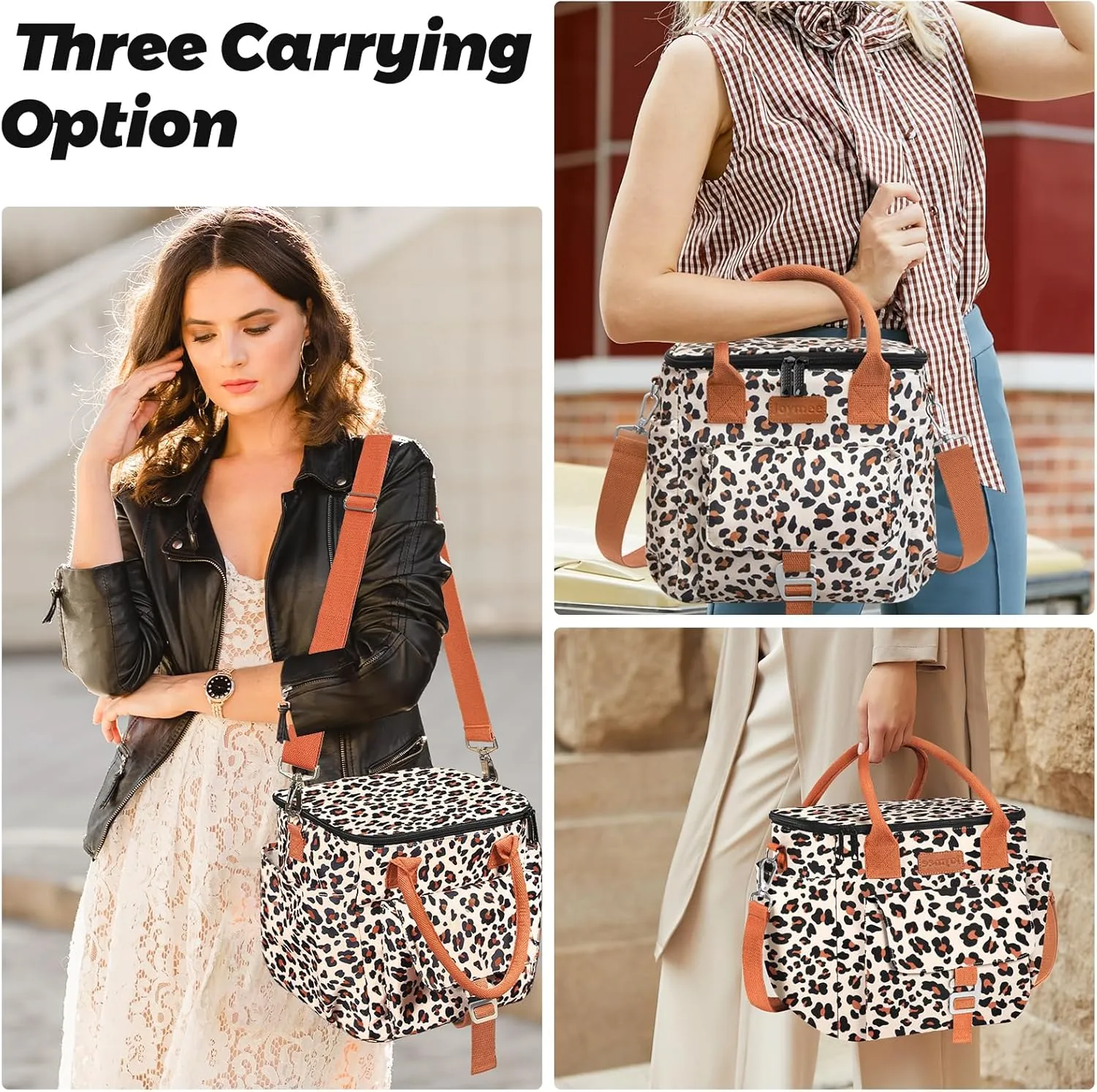 Joymee Insulated Lunch Bag for Women/Men, Waterproof Lunch Box for Office Work Picnic Beach, Reusable Large Leakproof Cooler Tote Bag with Adjustable Shoulder Strap & Side Pocket, Leopard Print
