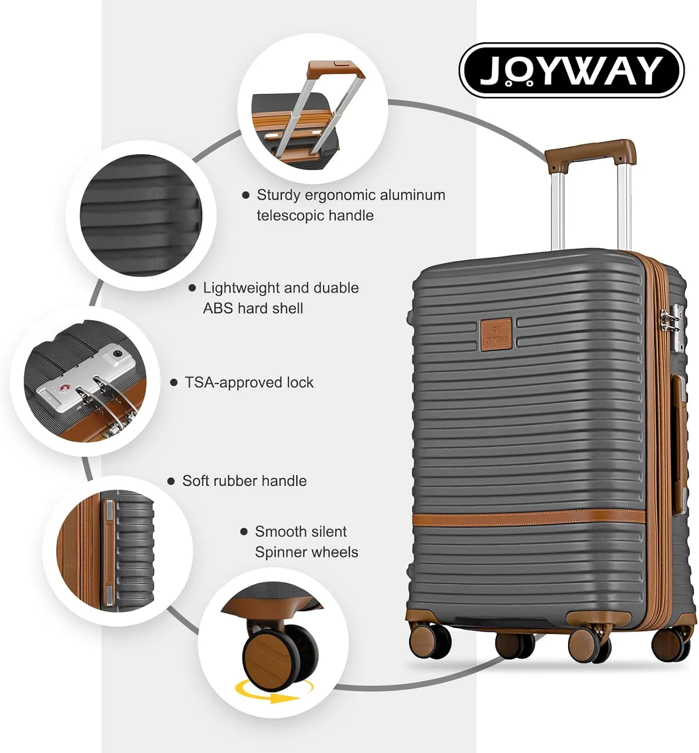 Joyway Carry On Luggage 20 Inch Expandable Suitcase with Spinner Wheel, 3 Piece Hard Shell Luggage Set with TSA Lock(Grey)
