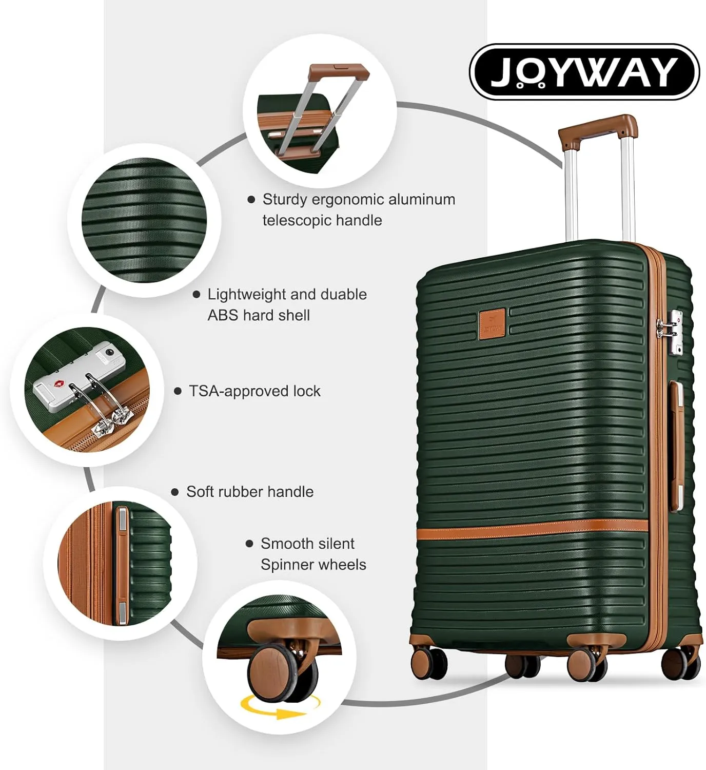 Joyway Luggage Set 3 Piece Suitcase Sets with Spinner Wheel,Hardside Expandable Travel Laggage with TSA Lock (13/20/24/28 Green brown
