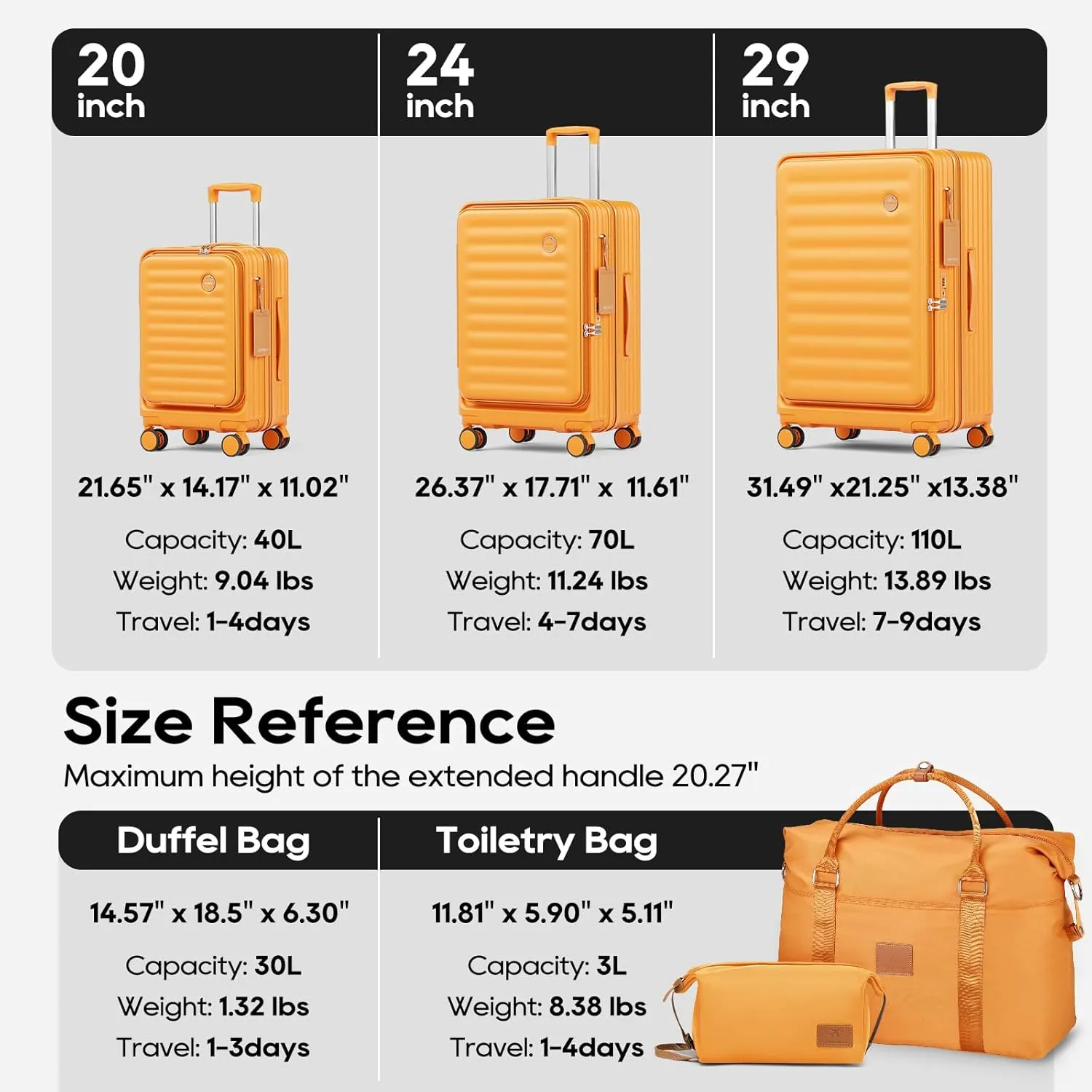 Joyway Luggage Sets 5 Piece with Front Pocket, PC Hardside Expandable Carry on Suitcase with Spinner Wheels and TSA Lock, Orange