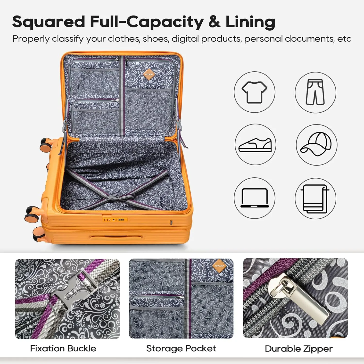 Joyway Luggage Sets 5 Piece with Front Pocket, PC Hardside Expandable Carry on Suitcase with Spinner Wheels and TSA Lock, Orange