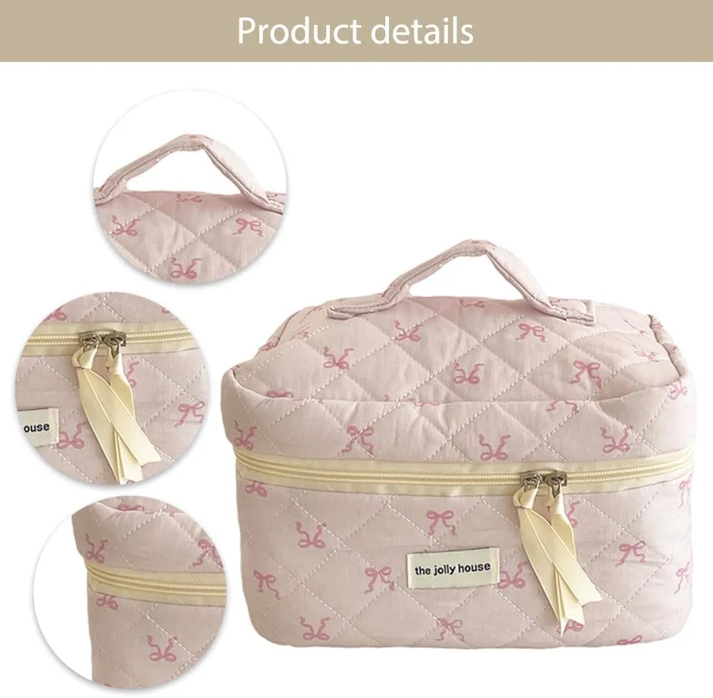 JQWSVE Coquette Bow Makeup Bag Jolly House Floral Makeup Bag Set Y2k Quilted Aesthetic Cosmetic Bag Cute Travel Toiletry Bag
