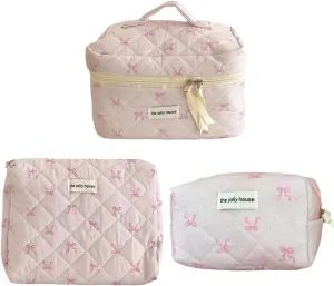 JQWSVE Coquette Bow Makeup Bag Jolly House Floral Makeup Bag Set Y2k Quilted Aesthetic Cosmetic Bag Cute Travel Toiletry Bag