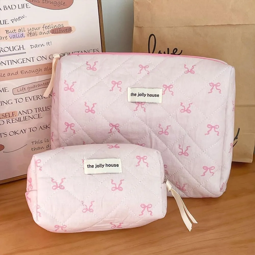 JQWSVE Coquette Bow Makeup Bag Jolly House Floral Makeup Bag Set Y2k Quilted Aesthetic Cosmetic Bag Cute Travel Toiletry Bag