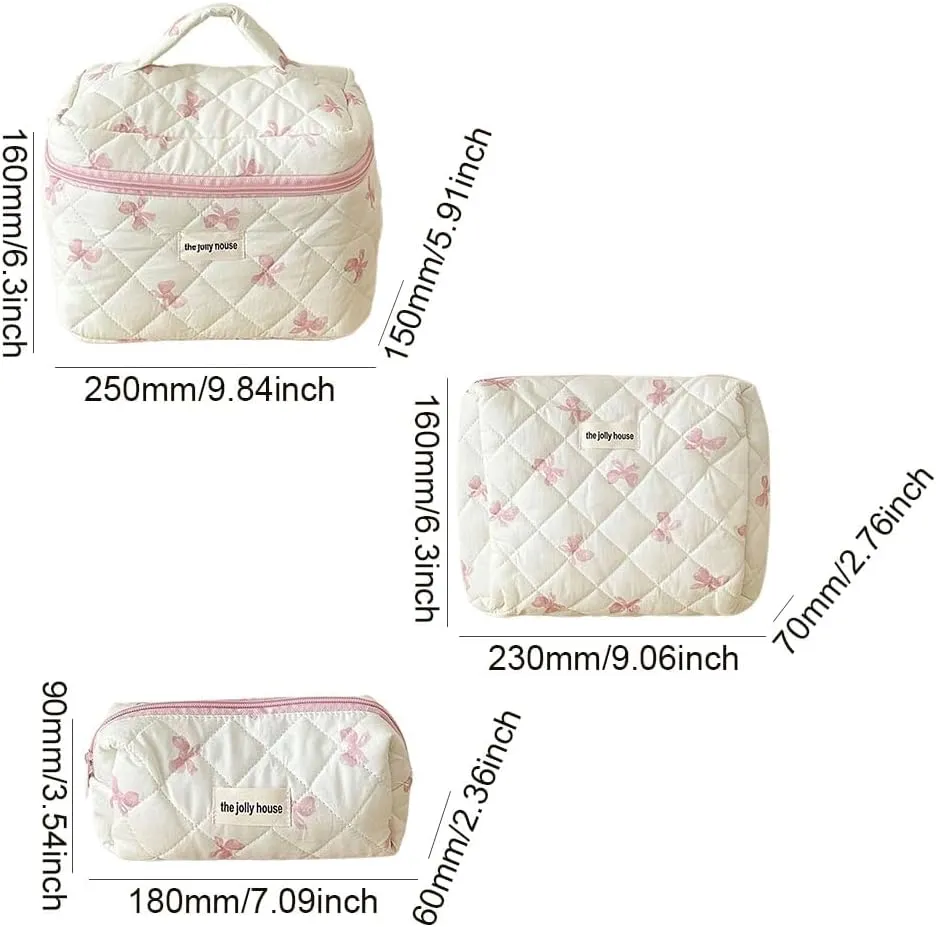 JQWSVE Coquette Bow Makeup Bag Jolly House Floral Makeup Bag Set Y2k Quilted Aesthetic Cosmetic Bag Cute Travel Toiletry Bag