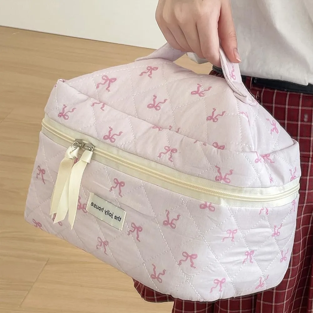 JQWSVE Coquette Bow Makeup Bag Jolly House Floral Makeup Bag Set Y2k Quilted Aesthetic Cosmetic Bag Cute Travel Toiletry Bag