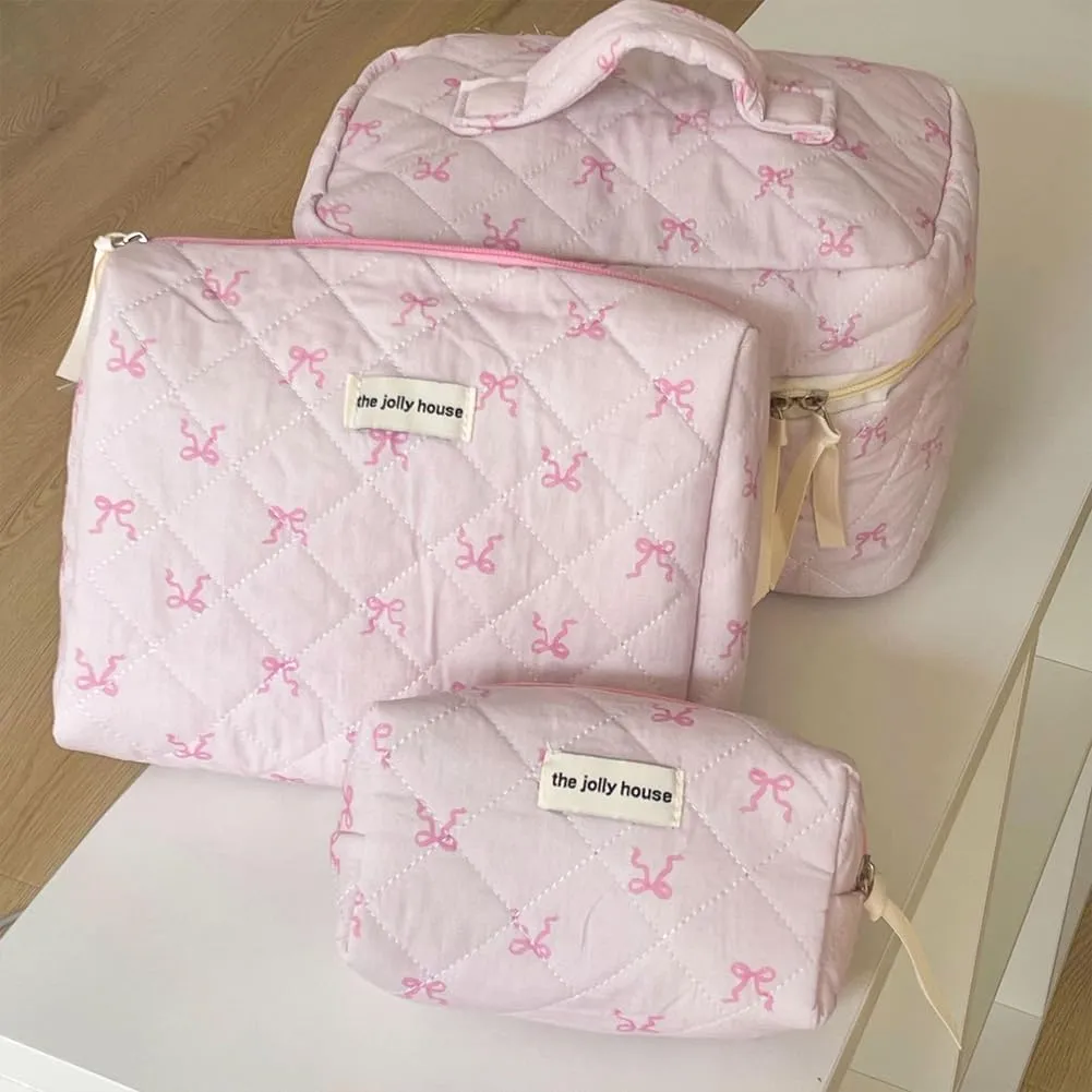 JQWSVE Coquette Bow Makeup Bag Jolly House Floral Makeup Bag Set Y2k Quilted Aesthetic Cosmetic Bag Cute Travel Toiletry Bag