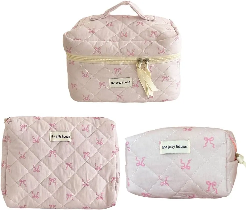 JQWSVE Coquette Bow Makeup Bag Jolly House Floral Makeup Bag Set Y2k Quilted Aesthetic Cosmetic Bag Cute Travel Toiletry Bag
