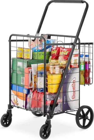 Jumbo Folding Shopping Cart: Double Baskets, 360° Swivel Wheels, Heavy-Duty 110 lbs Utility Cart for Grocery, Laundry, Shopping, and Luggage - Maximize Your Haul with Ease!