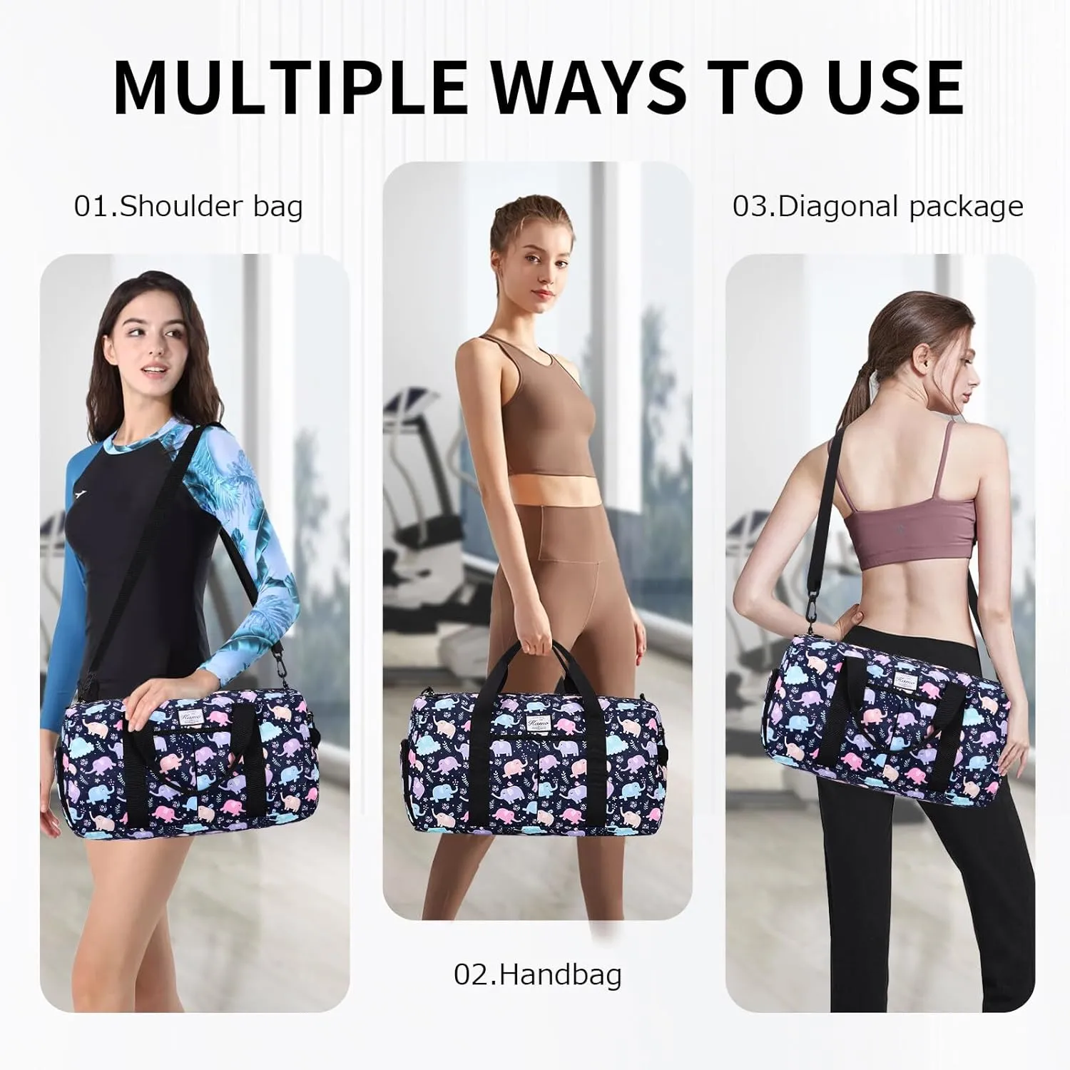 KAMO Travel Duffle Bag, Weekender Bags for Women with Shoe Compartment, Gym Bag for Women with Wet Pocket Workout Dance Tote Bag Personal Item Travel Bag with Trolley Sleeve