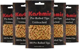 Kashmir Unbleached Pre-Rolled Filter Tips, 100 Organic Wood Fiber Tips per Bag, Natural Joint Tips, 5 Bags (Total 500 Tips), Pre-Rolled Cigarette & Cone Filter Tips