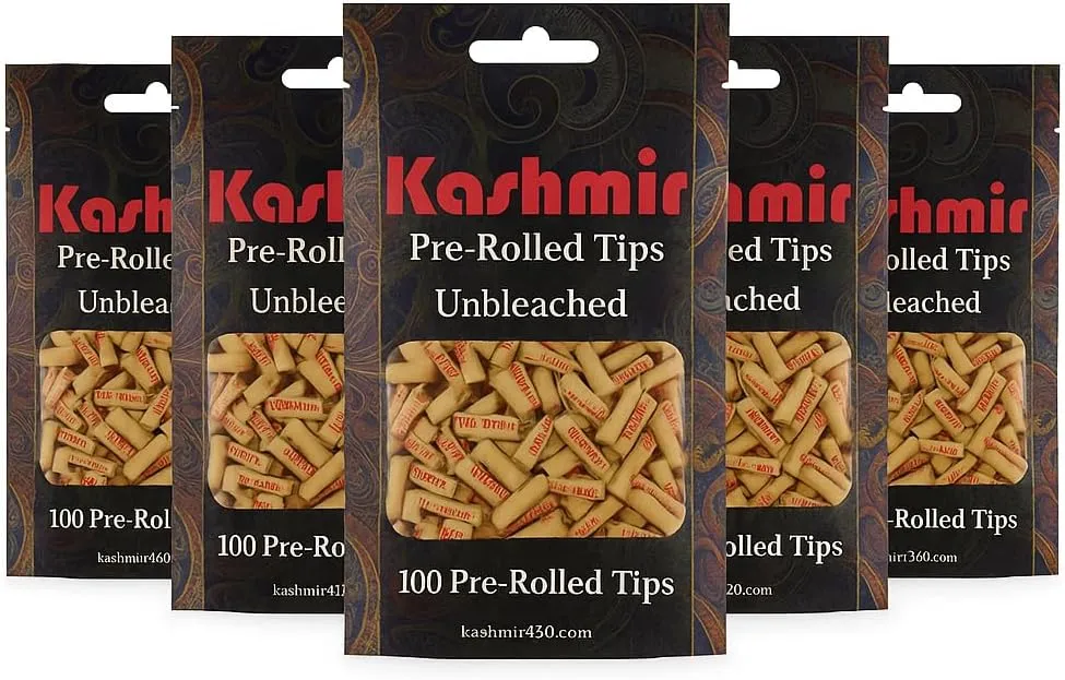 Kashmir Unbleached Pre-Rolled Filter Tips, 100 Organic Wood Fiber Tips per Bag, Natural Joint Tips, 5 Bags (Total 500 Tips), Pre-Rolled Cigarette & Cone Filter Tips