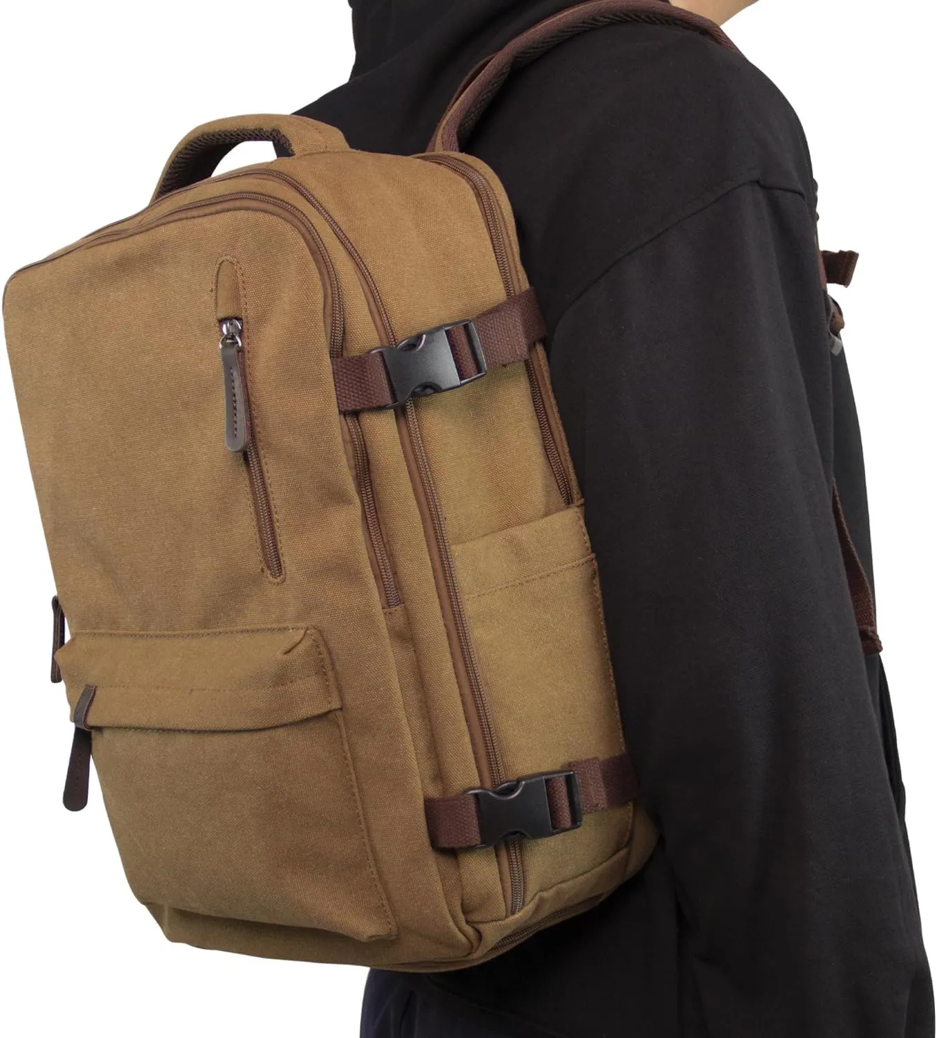 KAUKKO Canvas Travel Backpack, Personal Item Airline Approved, Carry On Backpack with Multi-Pockets and Shoe Pouch, fit 15.6 inch Laptop, 40L Weekender Bag, 11-KHAKI