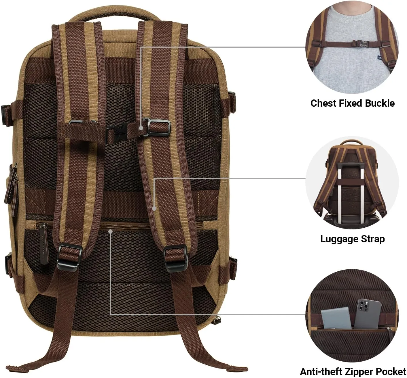 KAUKKO Canvas Travel Backpack, Personal Item Airline Approved, Carry On Backpack with Multi-Pockets and Shoe Pouch, fit 15.6 inch Laptop, 40L Weekender Bag, 11-KHAKI