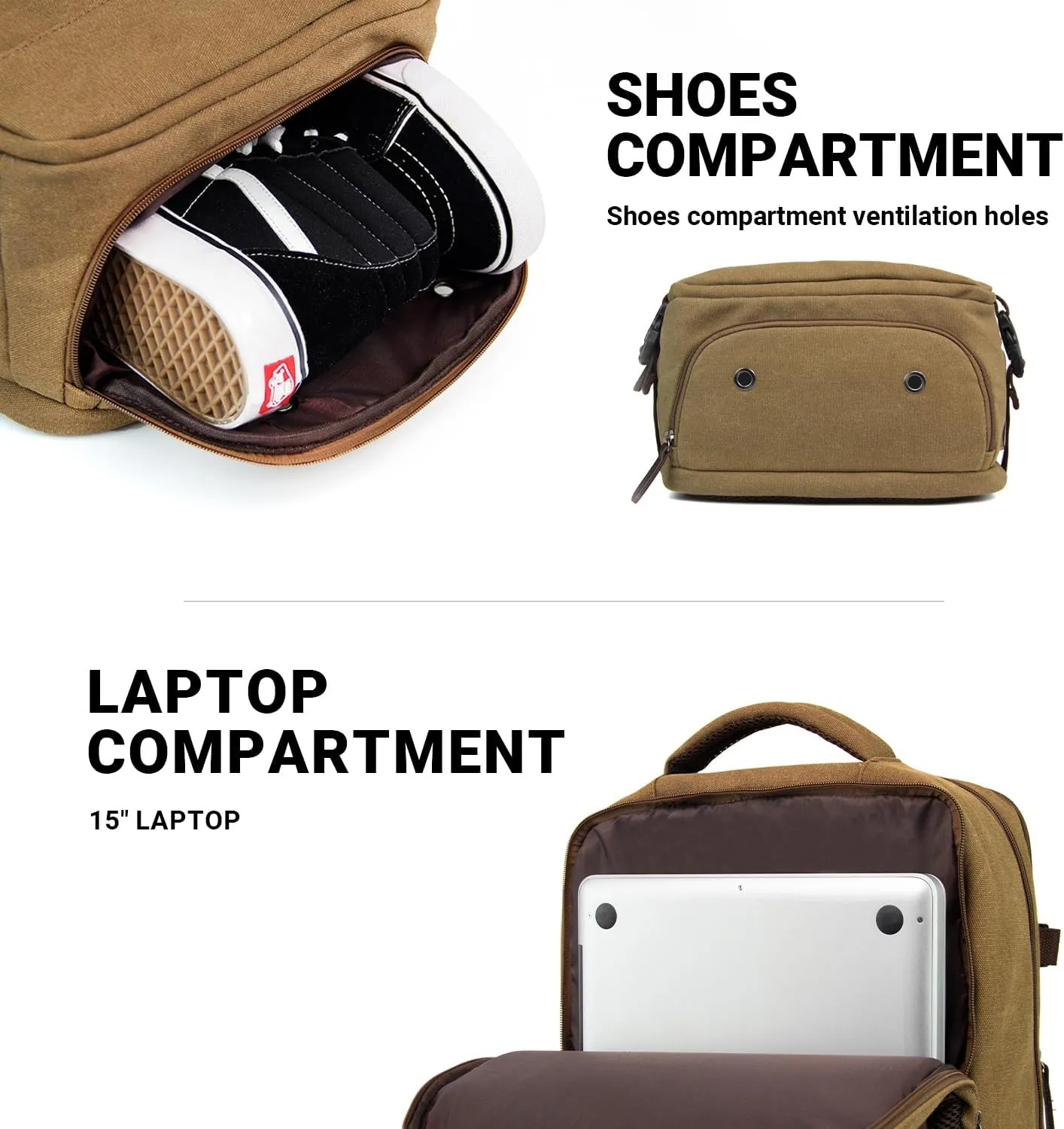 KAUKKO Canvas Travel Backpack, Personal Item Airline Approved, Carry On Backpack with Multi-Pockets and Shoe Pouch, fit 15.6 inch Laptop, 40L Weekender Bag, 11-KHAKI