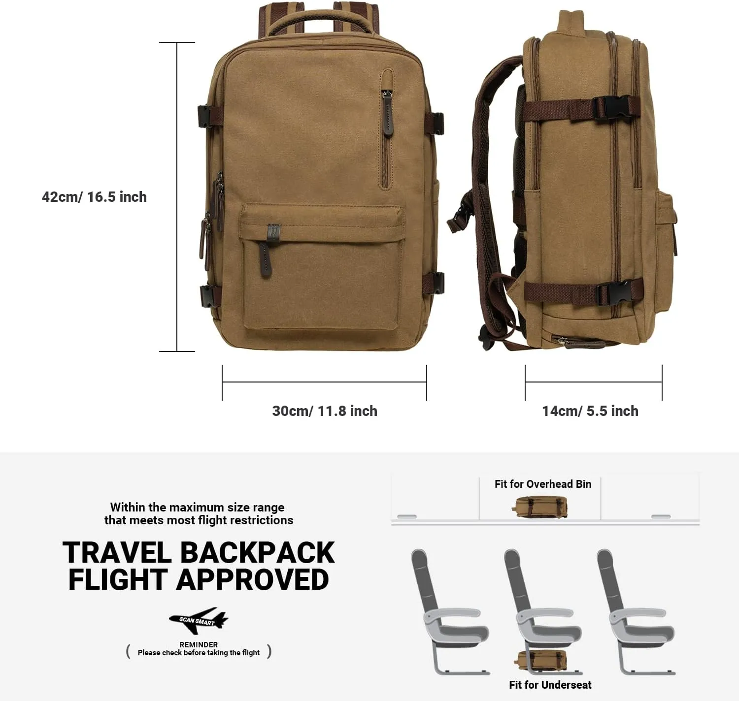 KAUKKO Canvas Travel Backpack, Personal Item Airline Approved, Carry On Backpack with Multi-Pockets and Shoe Pouch, fit 15.6 inch Laptop, 40L Weekender Bag, 11-KHAKI