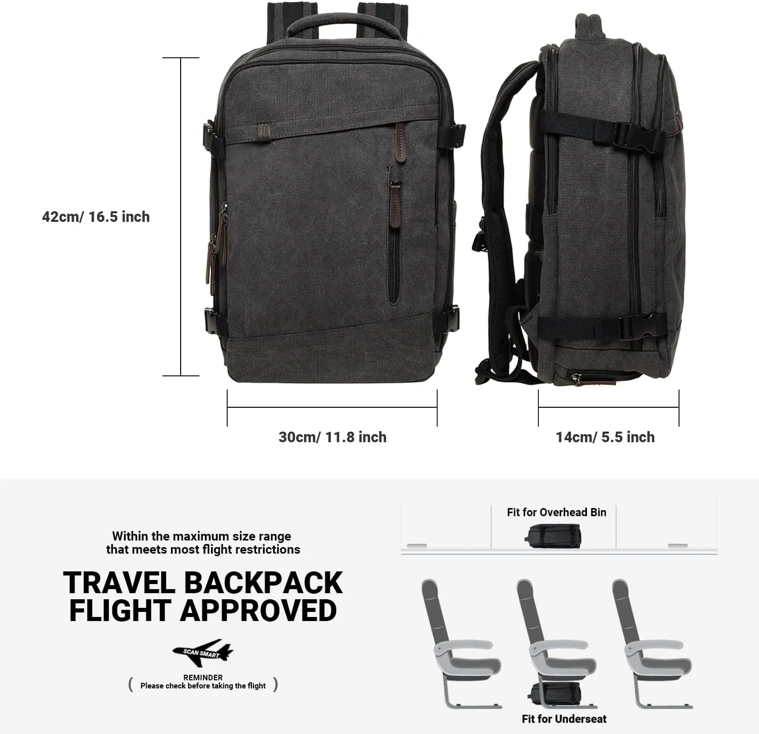 KAUKKO Thick Canvas Travel Backpack, Flight Approved Carry On Backpack with Shoe Pouch and 15.6 inch Laptop Compartment, 40L Luggage Casual Daypack Weekender Bag 10-BLACK
