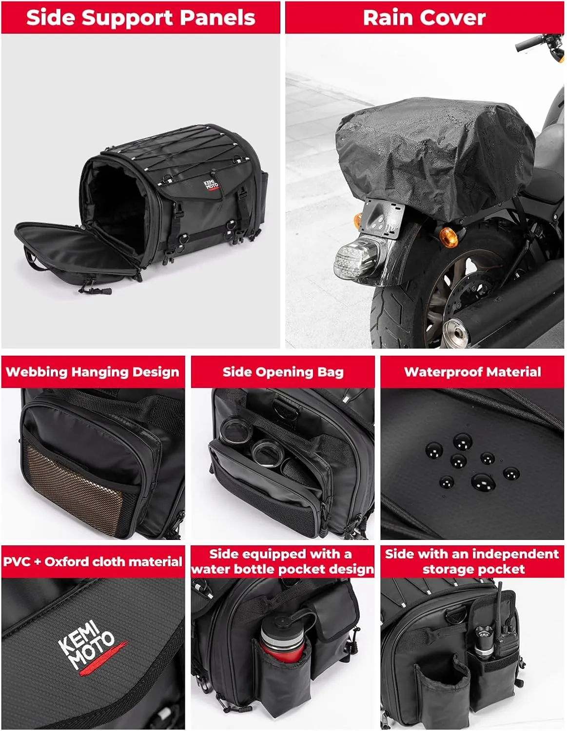 KEMIMOTO Motorcycle Travel Luggage Bags, 24-32L Expandable Large Capacity Motorcycle Tail Bag, Waterproof Rear Rack Trunk, Motor Pannier Bag with Rain Cover and Straps