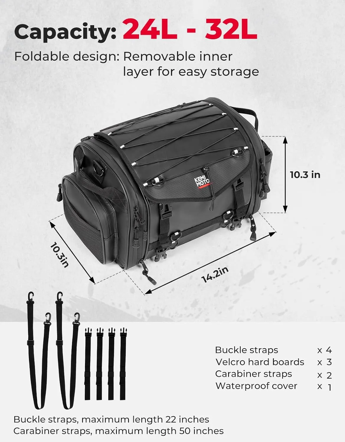 KEMIMOTO Motorcycle Travel Luggage Bags, 24-32L Expandable Large Capacity Motorcycle Tail Bag, Waterproof Rear Rack Trunk, Motor Pannier Bag with Rain Cover and Straps