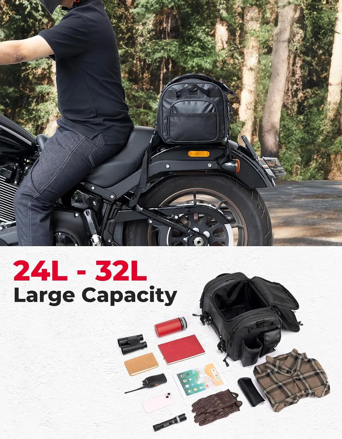 KEMIMOTO Motorcycle Travel Luggage Bags, 24-32L Expandable Large Capacity Motorcycle Tail Bag, Waterproof Rear Rack Trunk, Motor Pannier Bag with Rain Cover and Straps