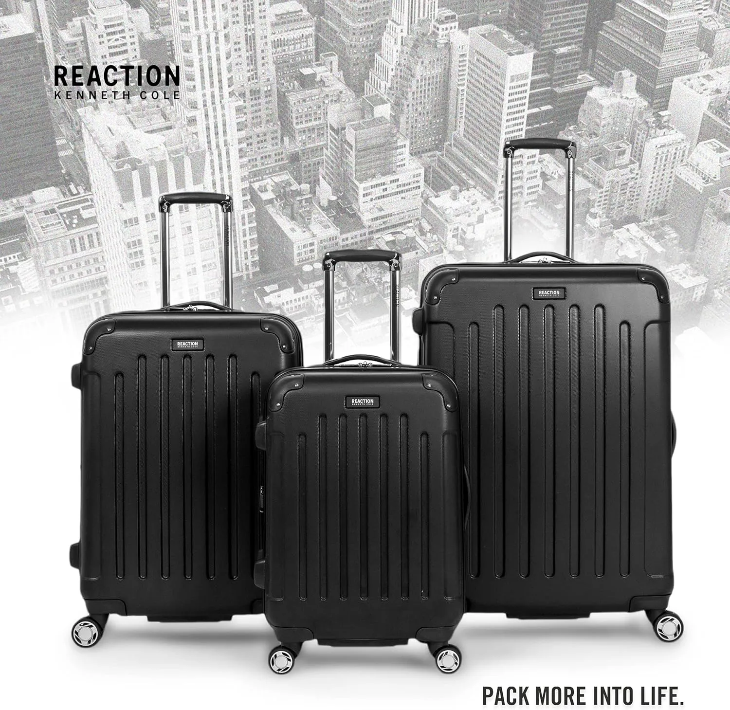Kenneth Cole REACTION Renegade Luggage Expandable 8-Wheel Spinner Lightweight Hardside Suitcase, Black, 3-Piece Set (20"/24"/28")