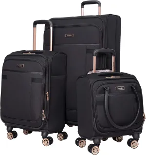 kensie Hudson Softside Spinner Luggage, Black with Rose Gold, 3-Piece Set (16/20/28)