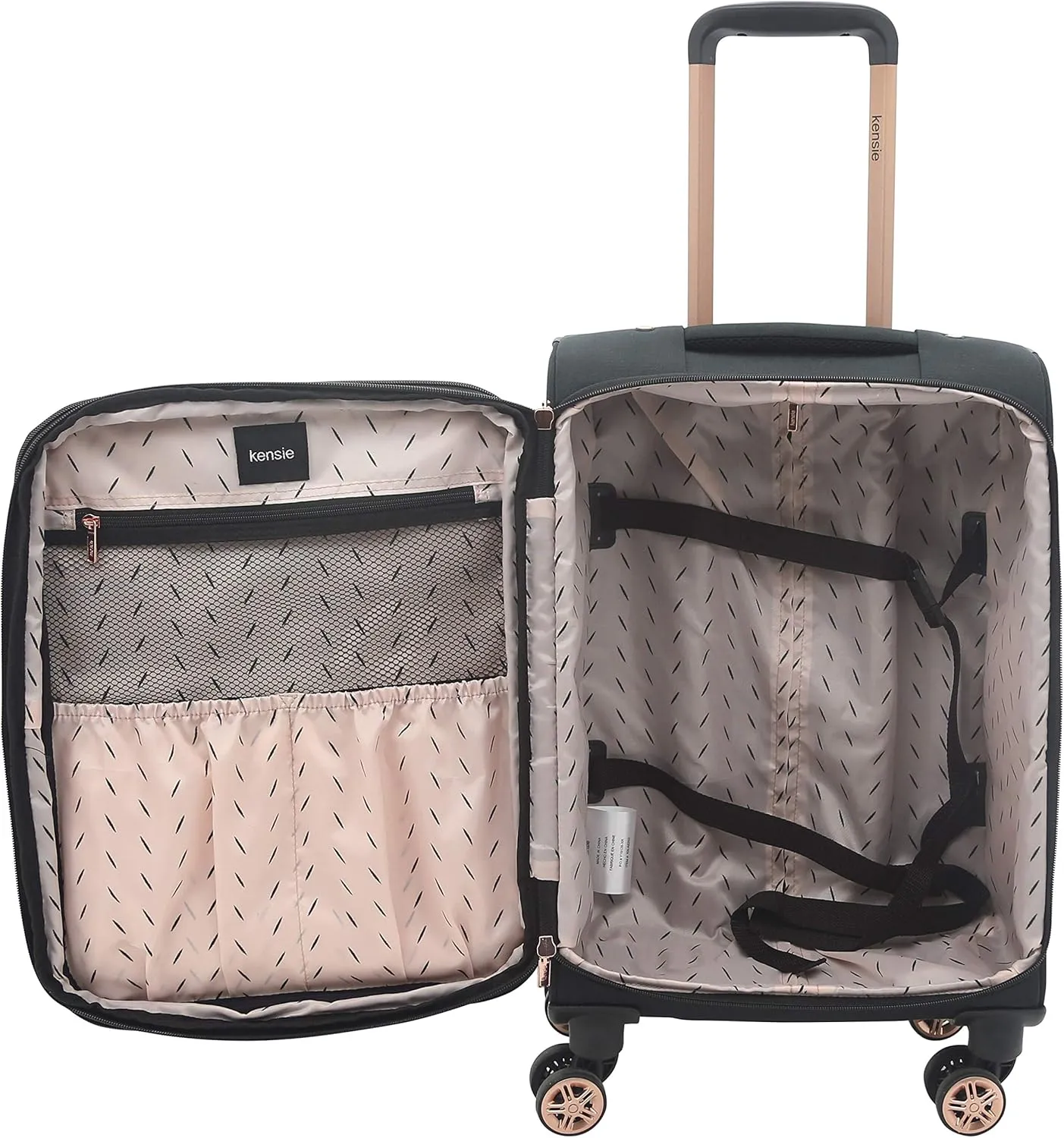 kensie Hudson Softside Spinner Luggage, Black with Rose Gold, 3-Piece Set (16/20/28)