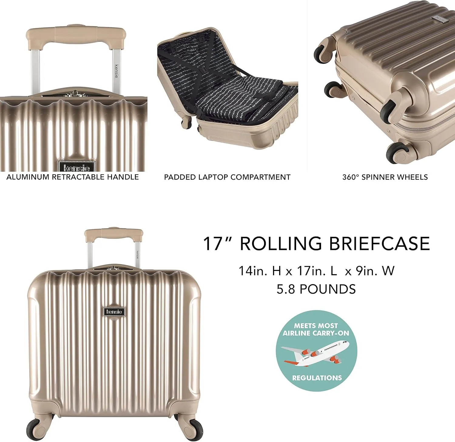 kensie Women's Alma Hardside Spinner Luggage, Pale Gold, 3-Piece Set (20/24/28)