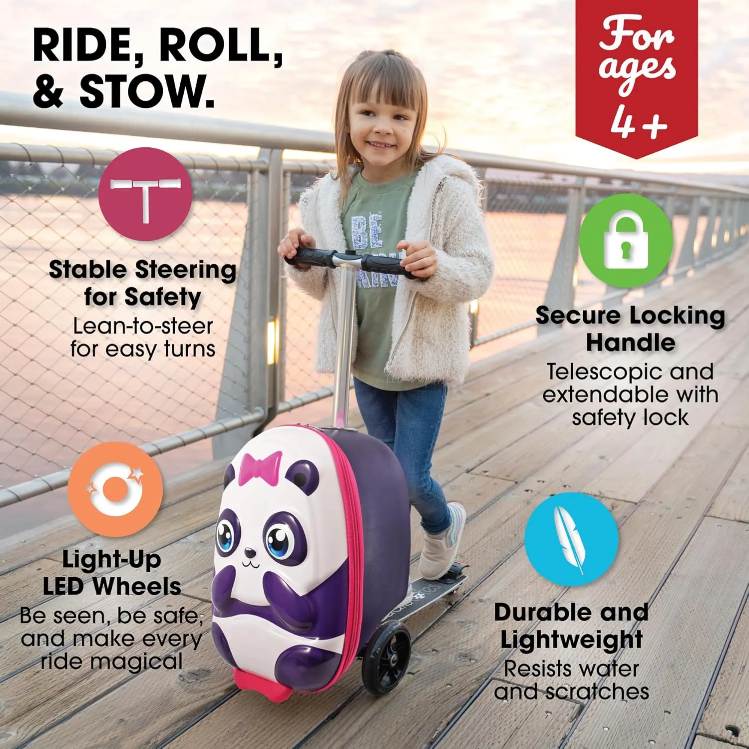 KIDDIETOTES 3D Scooter Suitcase for Kids Ages 5-12 - Kids luggage with Wheels- TSA Approved with Fun LED Lights