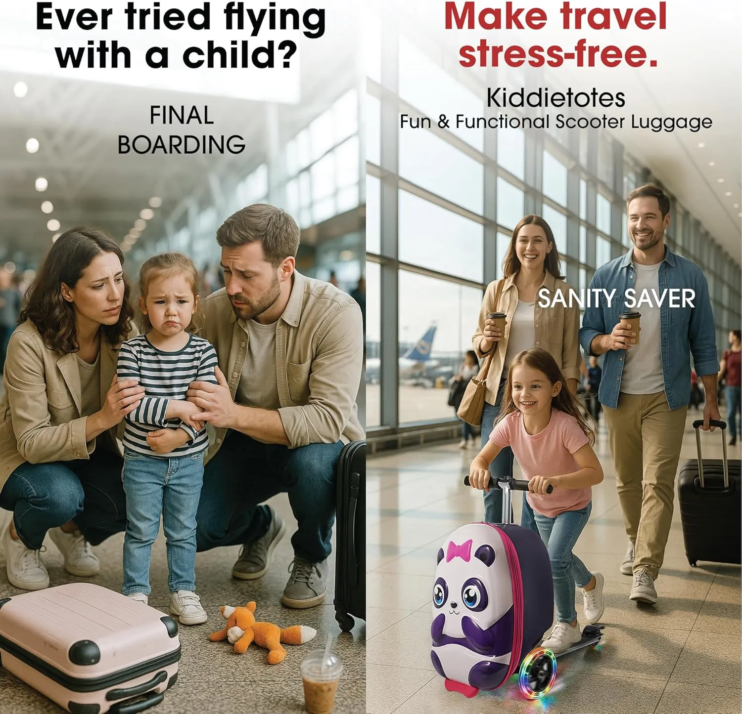 KIDDIETOTES 3D Scooter Suitcase for Kids Ages 5-12 - Kids luggage with Wheels- TSA Approved with Fun LED Lights