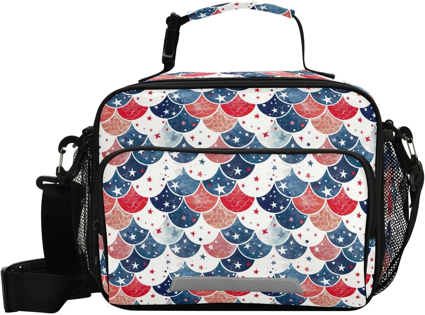 Kids Lunch Bag for Boys Girls Watercolor Red White Blue Mermaid Scales Insulated Lunch Box with Strap Men Women Reusable Bento Lunch Bag Cooler Tote Bag for School Outdoor Picnic Travel